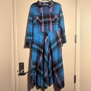 Soft Surroundings Blue Plaid Flannel Long Sleeve Dress